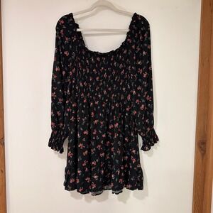 Romantic Floral Smocked Mini Dress Women Large Black Long Sleeve | Cottagecore